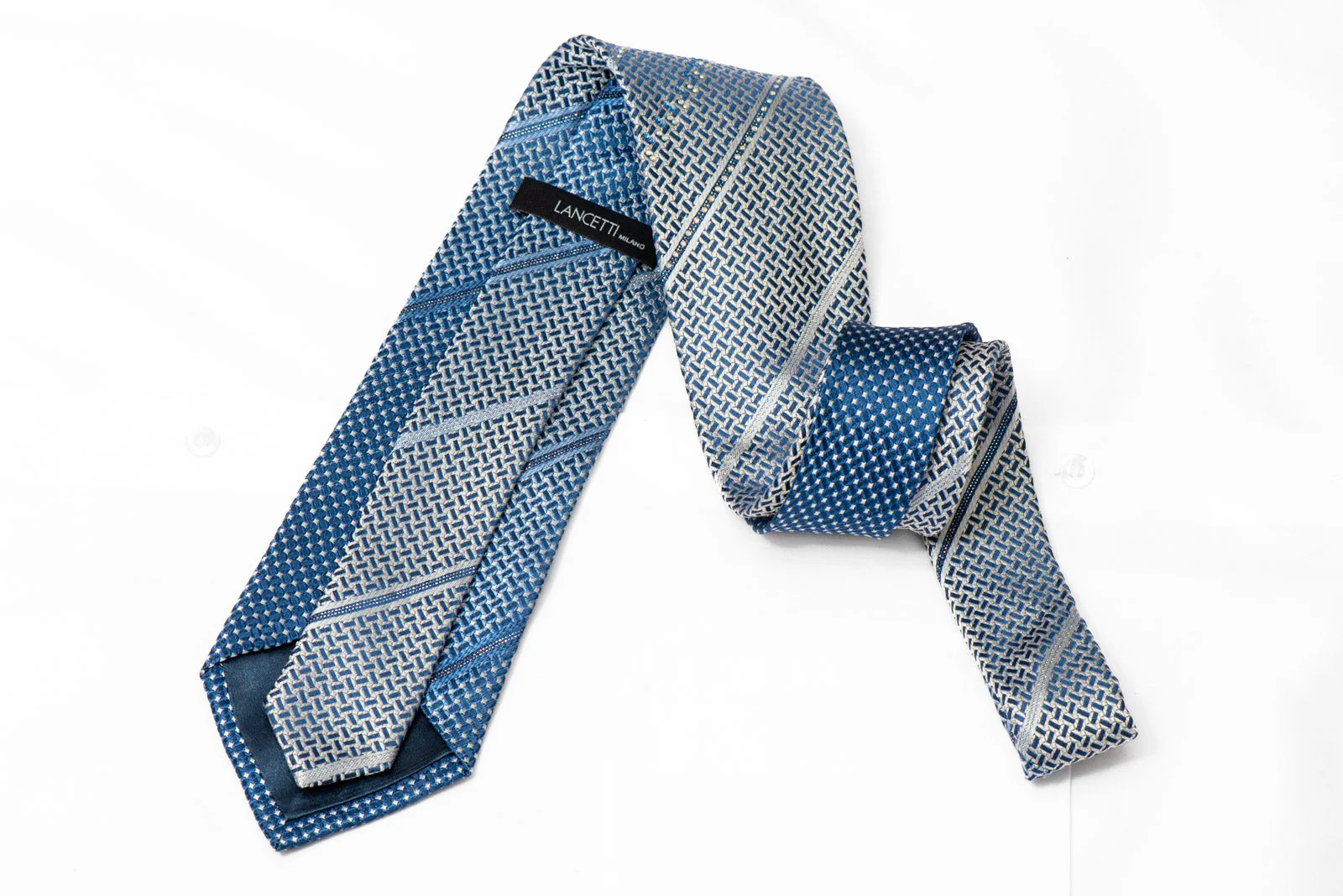 Silver Blue Geometric Striped Rhinestone Silk Tie With Sparkles - Image 3