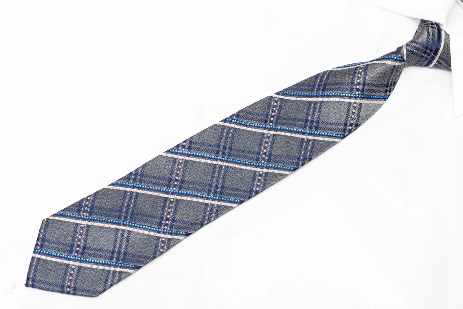 Silver Blue Plaid Design Rhinestone Tie With Silver Sparkles - Image 2