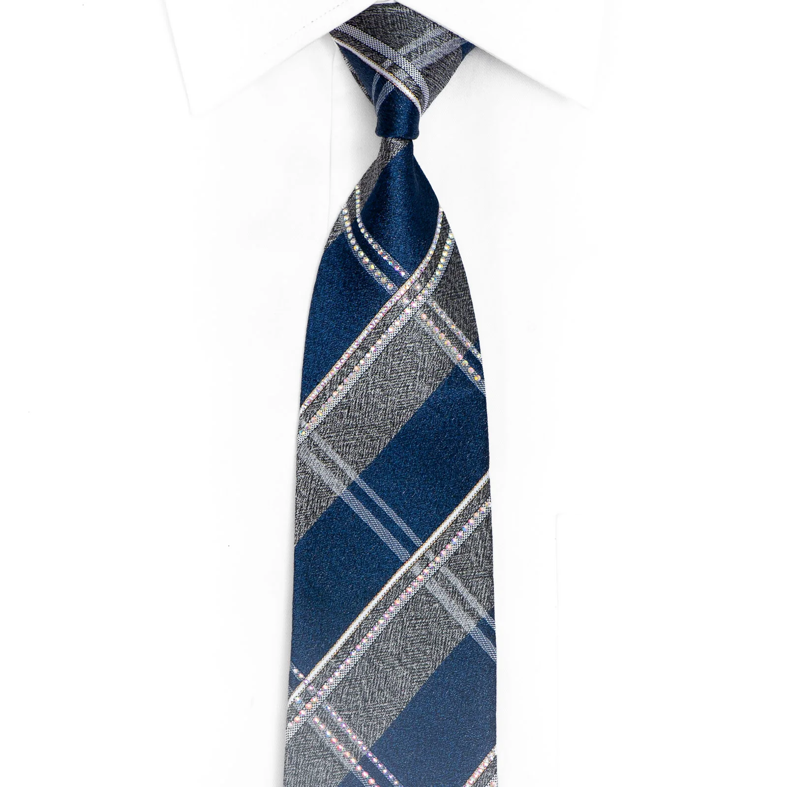 Silver Blue Plaid Rhinestone Silk Necktie With Silver Sparkles