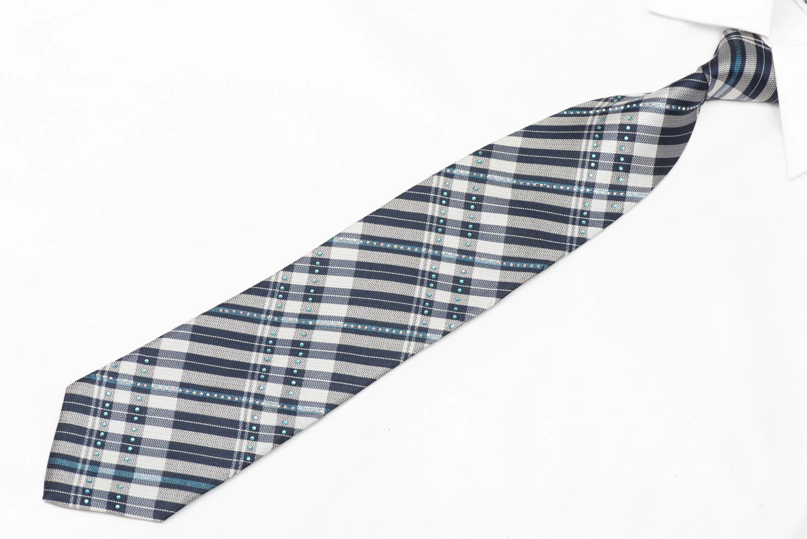 Silver Blue Plaid Rhinestone Silk Necktie With Silver Sparkles - Image 2