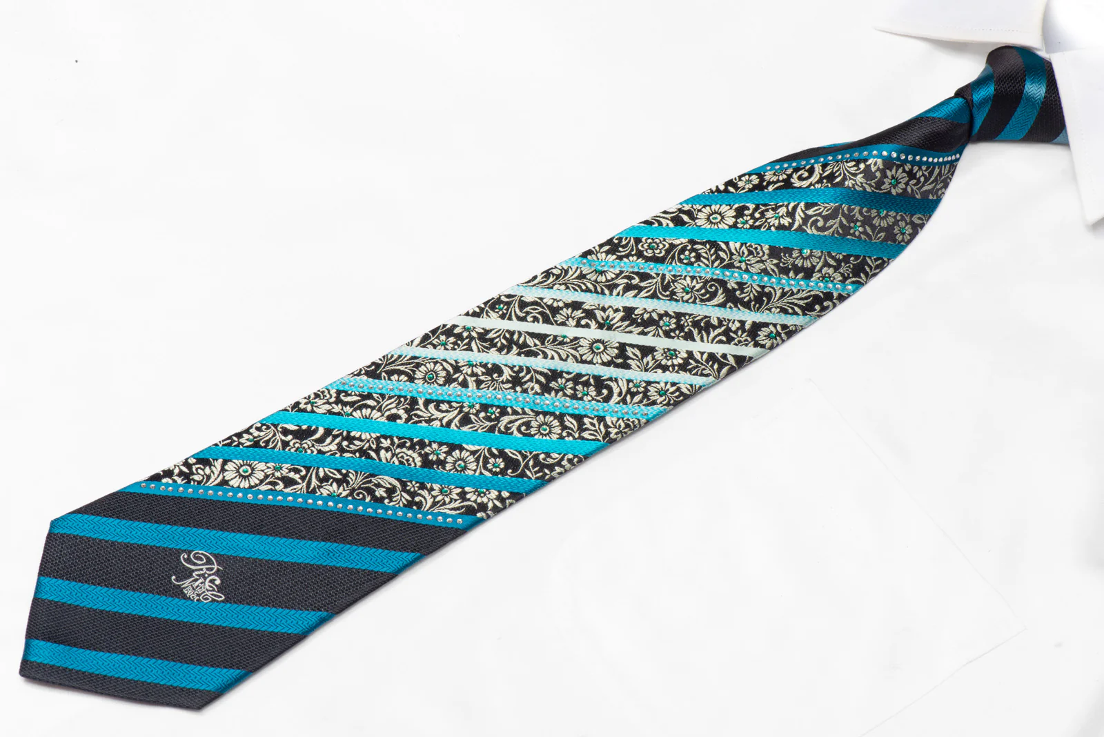 Silver Blue Striped & Floral On Black Silk Rhinestone Silk Necktie With Silver Sparkles - Image 2