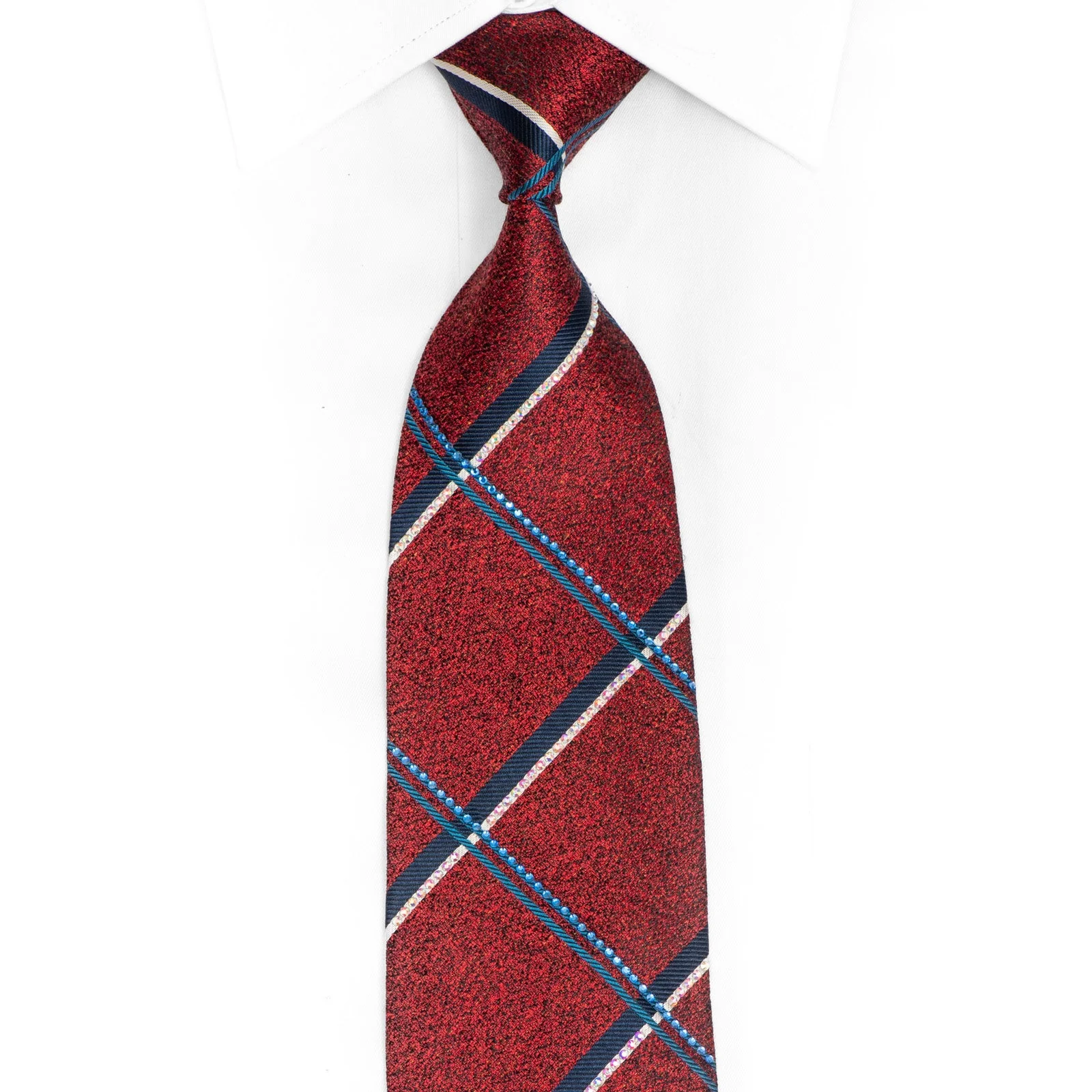 Silver Blue Striped On Burgundy Rhinestone Silk Necktie