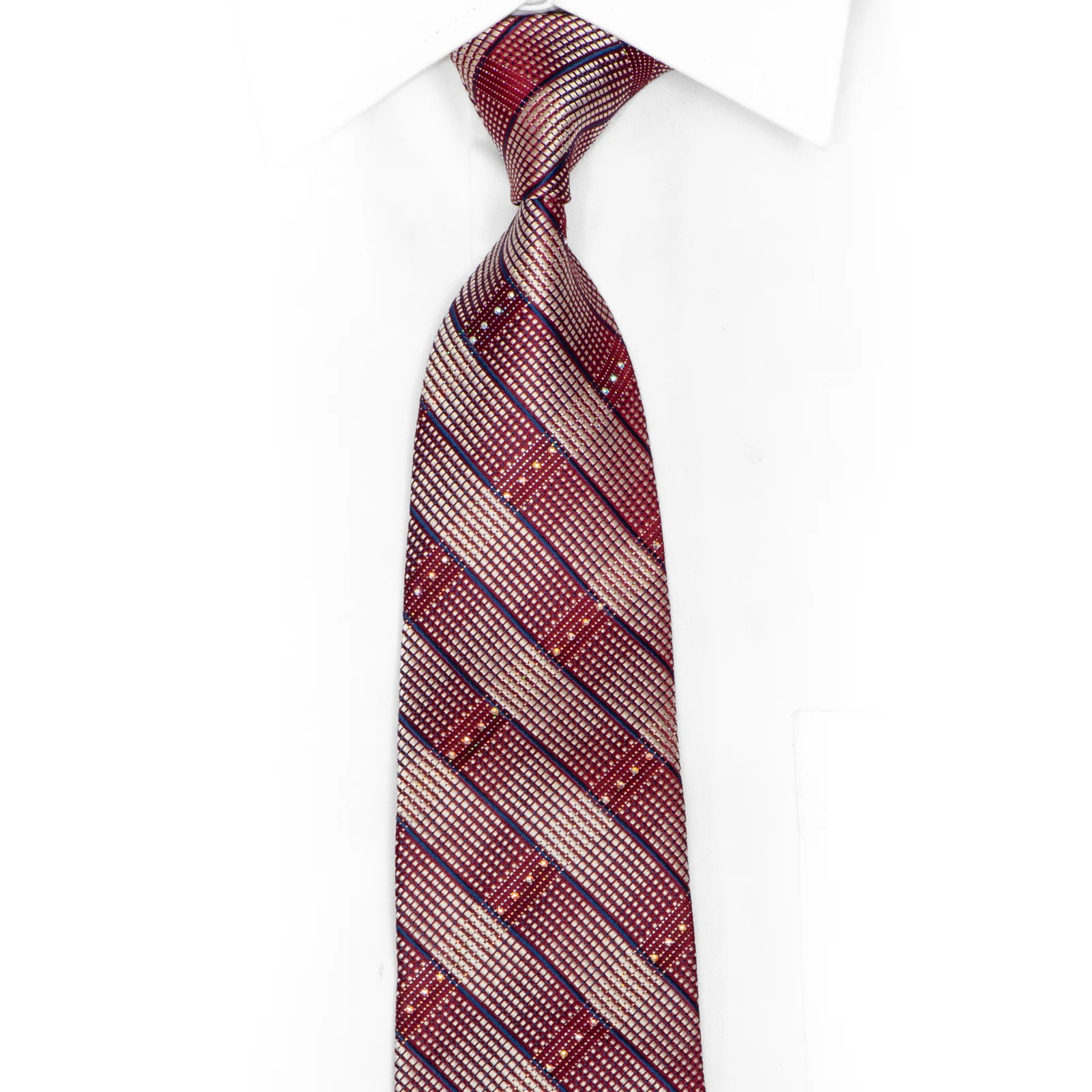 Silver Blue Striped On Burgundy Rhinestone Silk Necktie With Silver Sparkles