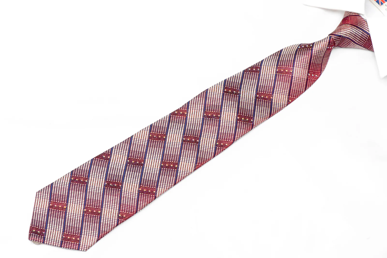 Silver Blue Striped On Burgundy Rhinestone Silk Necktie With Silver Sparkles - Image 2