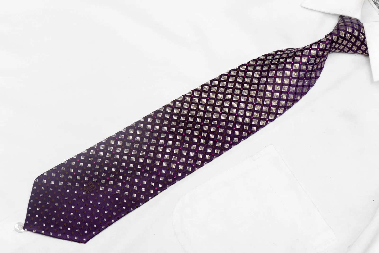 Silver Brown Geometric On Purple Rhinestone Tie With Sparkles - Image 2