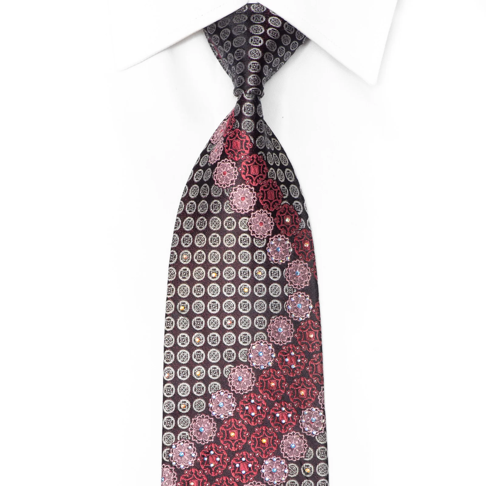 Silver Burgundy Cartouche Medallions On Navy Rhinestone Tie With Sparkles