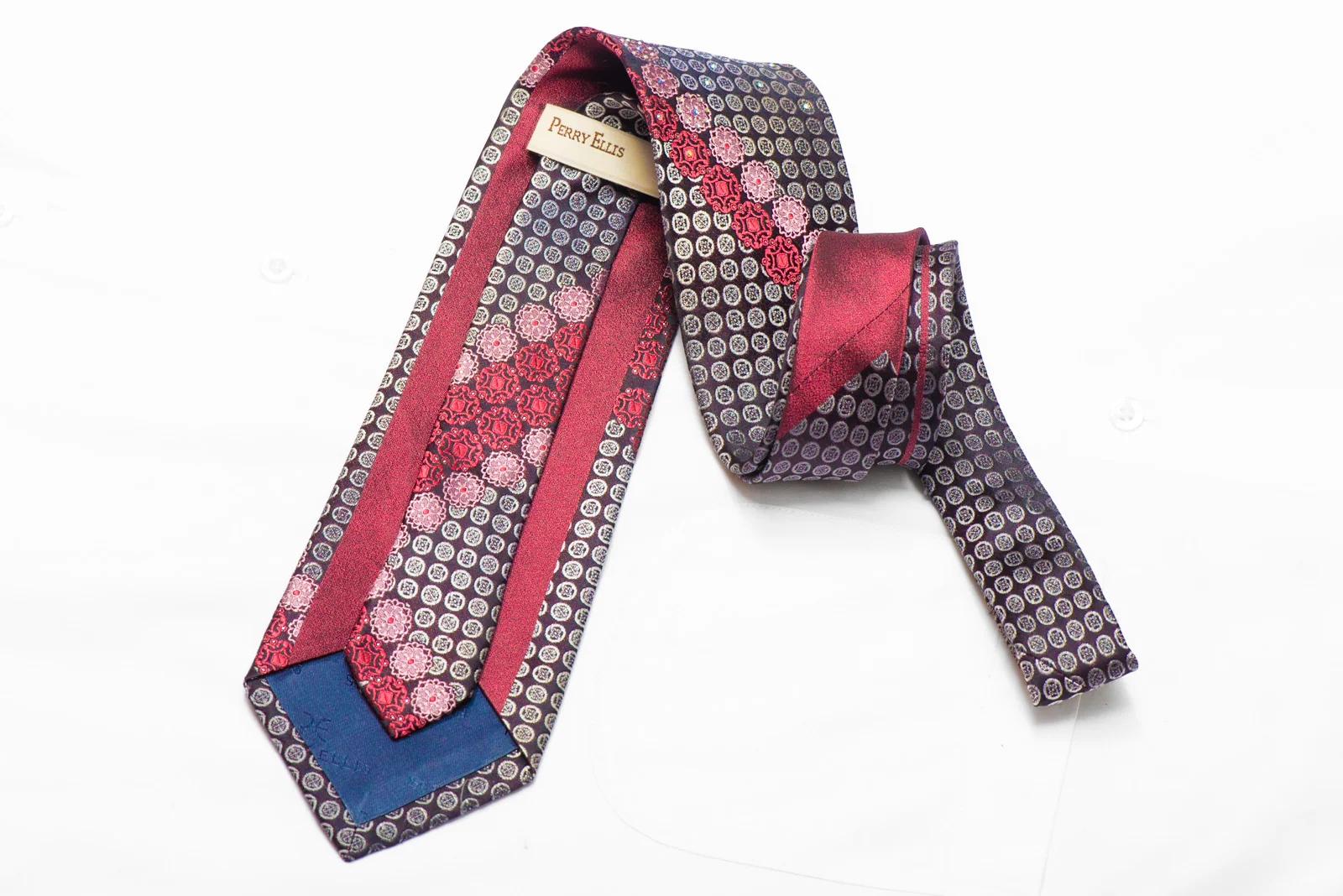 Silver Burgundy Cartouche Medallions On Navy Rhinestone Tie With Sparkles - Image 3