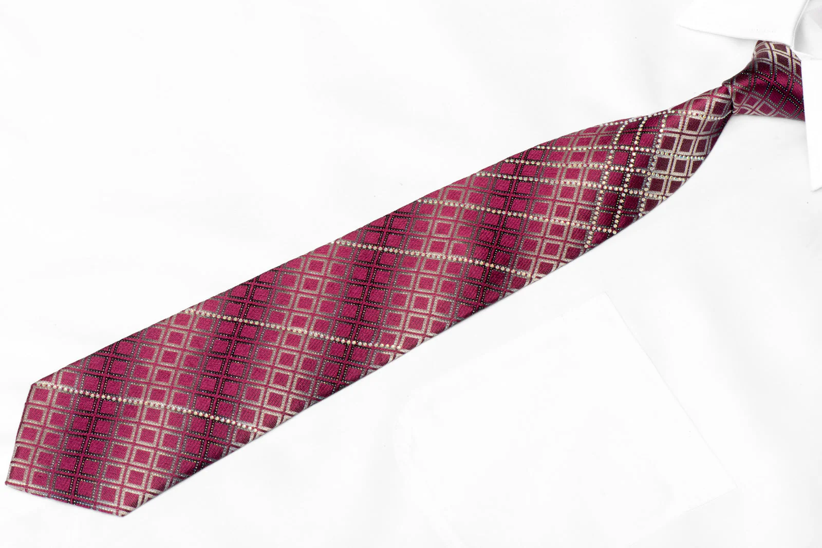 Silver Burgundy Geometric Rhinestone Silk Necktie With Silver Sparkles - Image 2