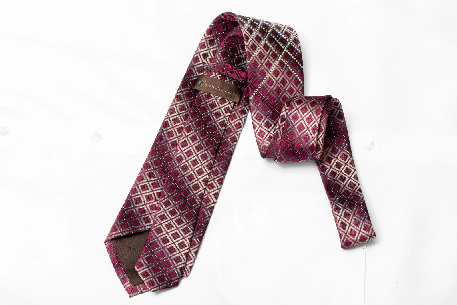 Silver Burgundy Geometric Rhinestone Silk Necktie With Silver Sparkles - Image 3