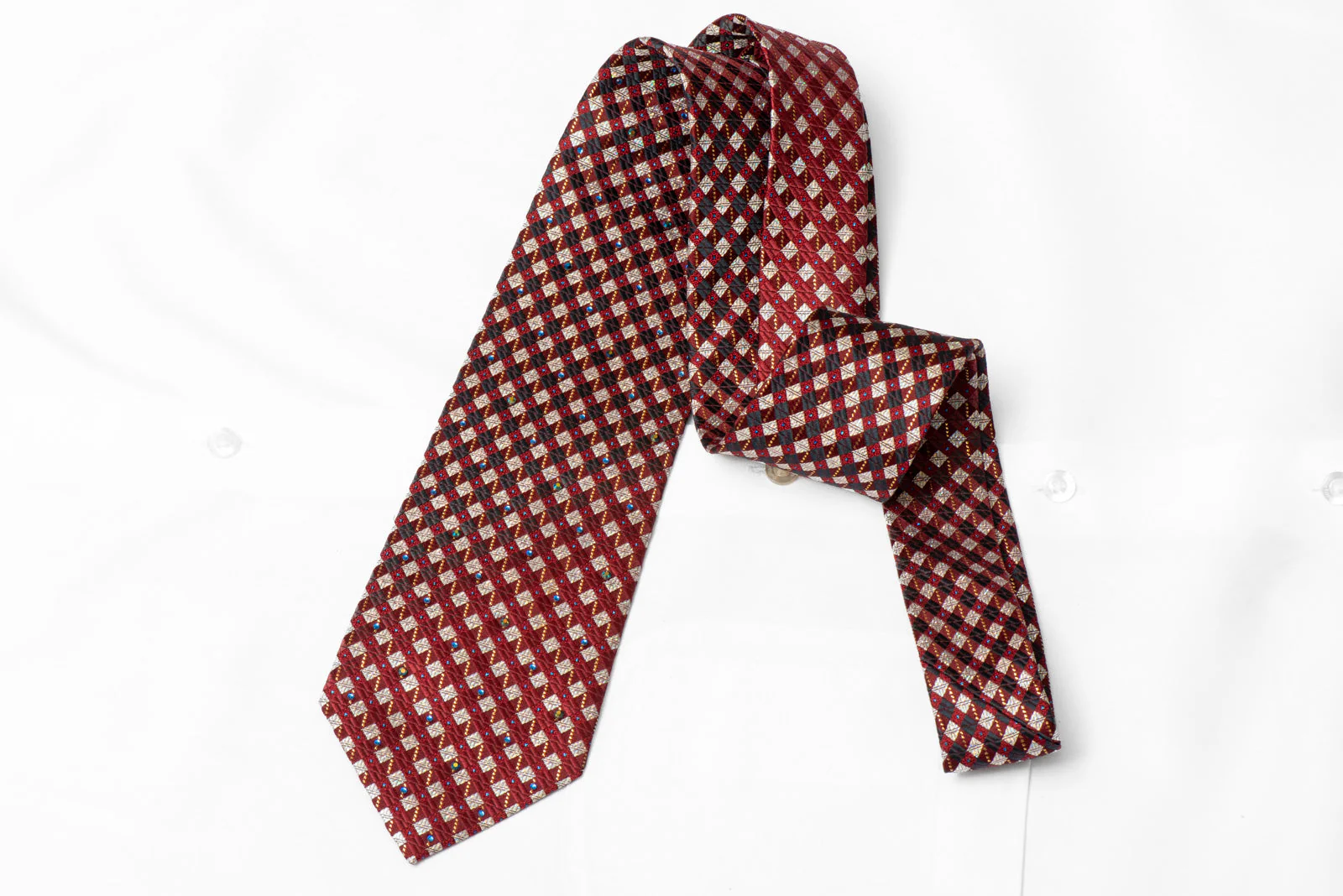 Silver Burgundy Gray Checkered Rhinestone Silk Necktie With Gold Sparkles - Image 3