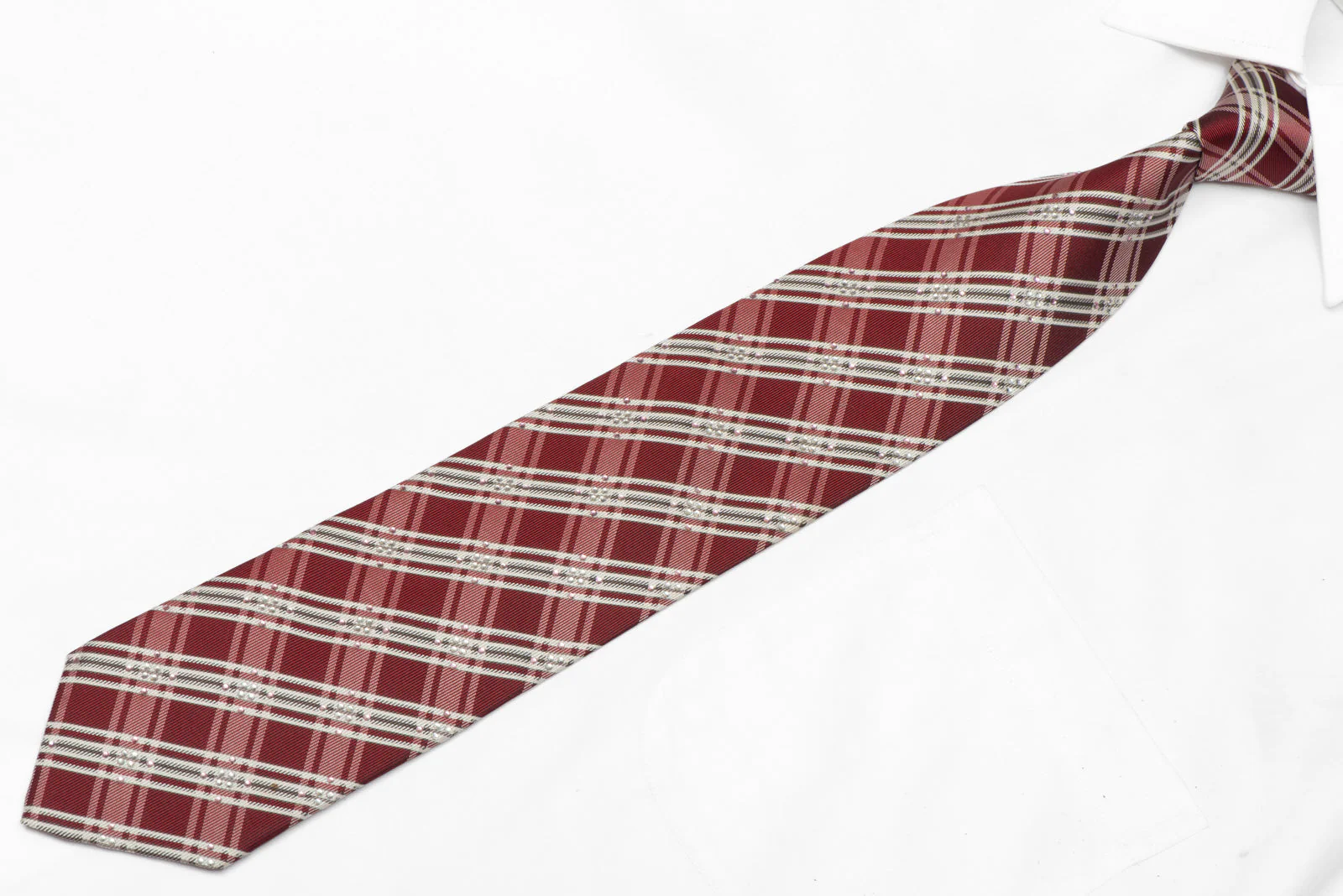 Silver Burgundy Plaid Rhinestone Silk Necktie - Image 2