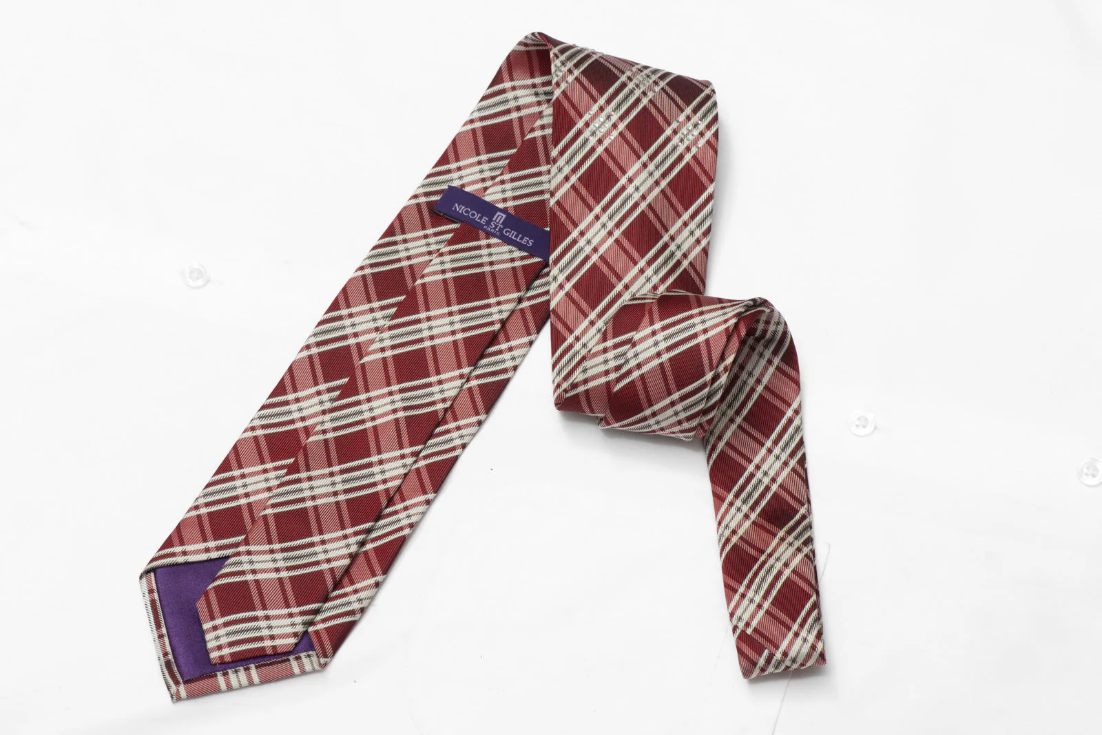 Silver Burgundy Plaid Rhinestone Silk Necktie - Image 3