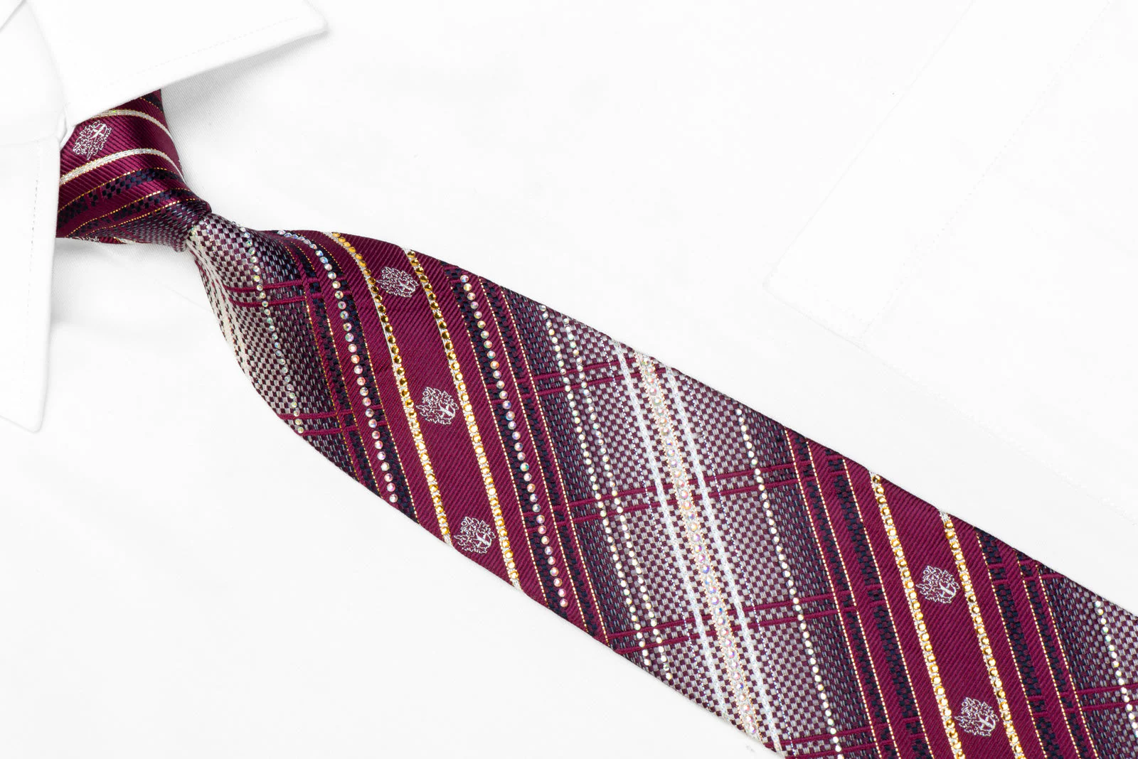 Silver Burgundy Plaid Rhinestone Silk Necktie With Gold Sparkles - Image 2