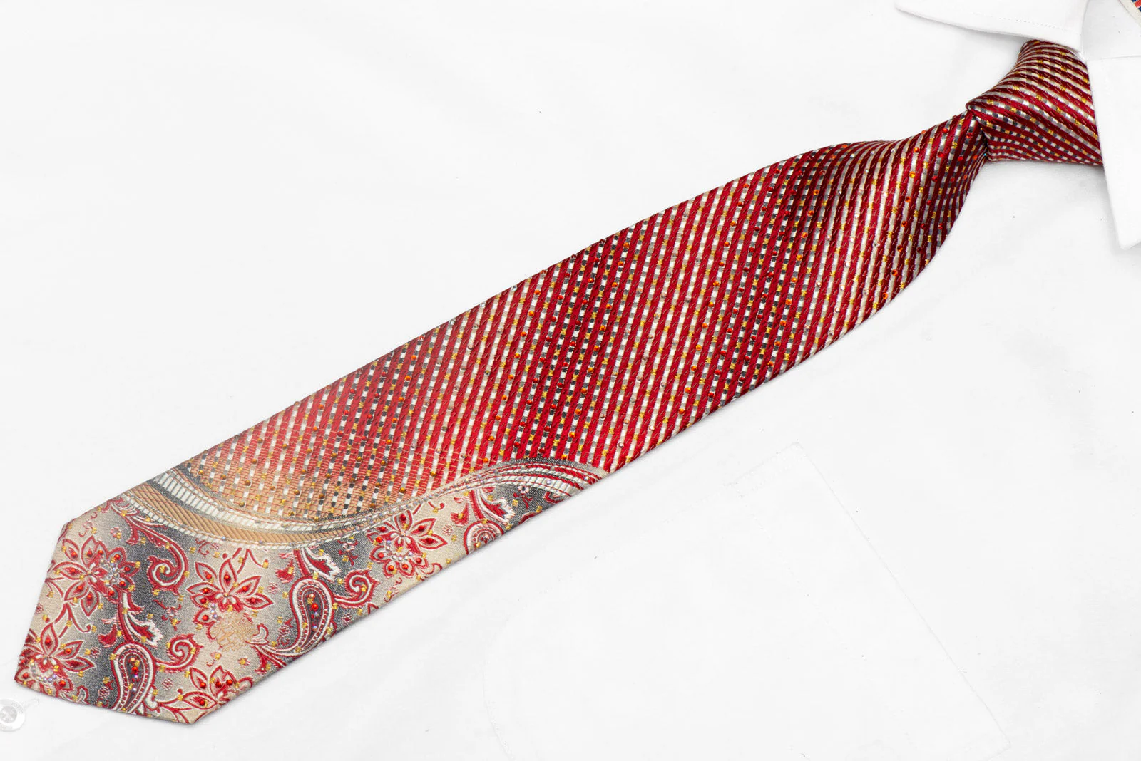 Silver Burgundy Striped Rhinestone Silk Necktie With Silver Sparkles - Image 2