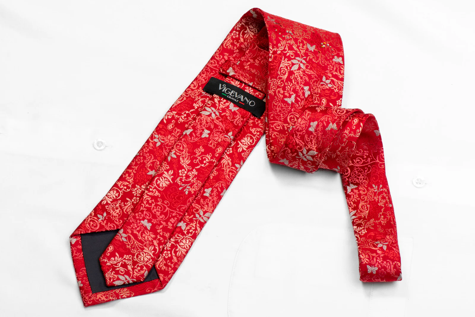 Silver Butterflies & Floral On Red Rhinestone Silk Necktie With Sparkles - Image 4