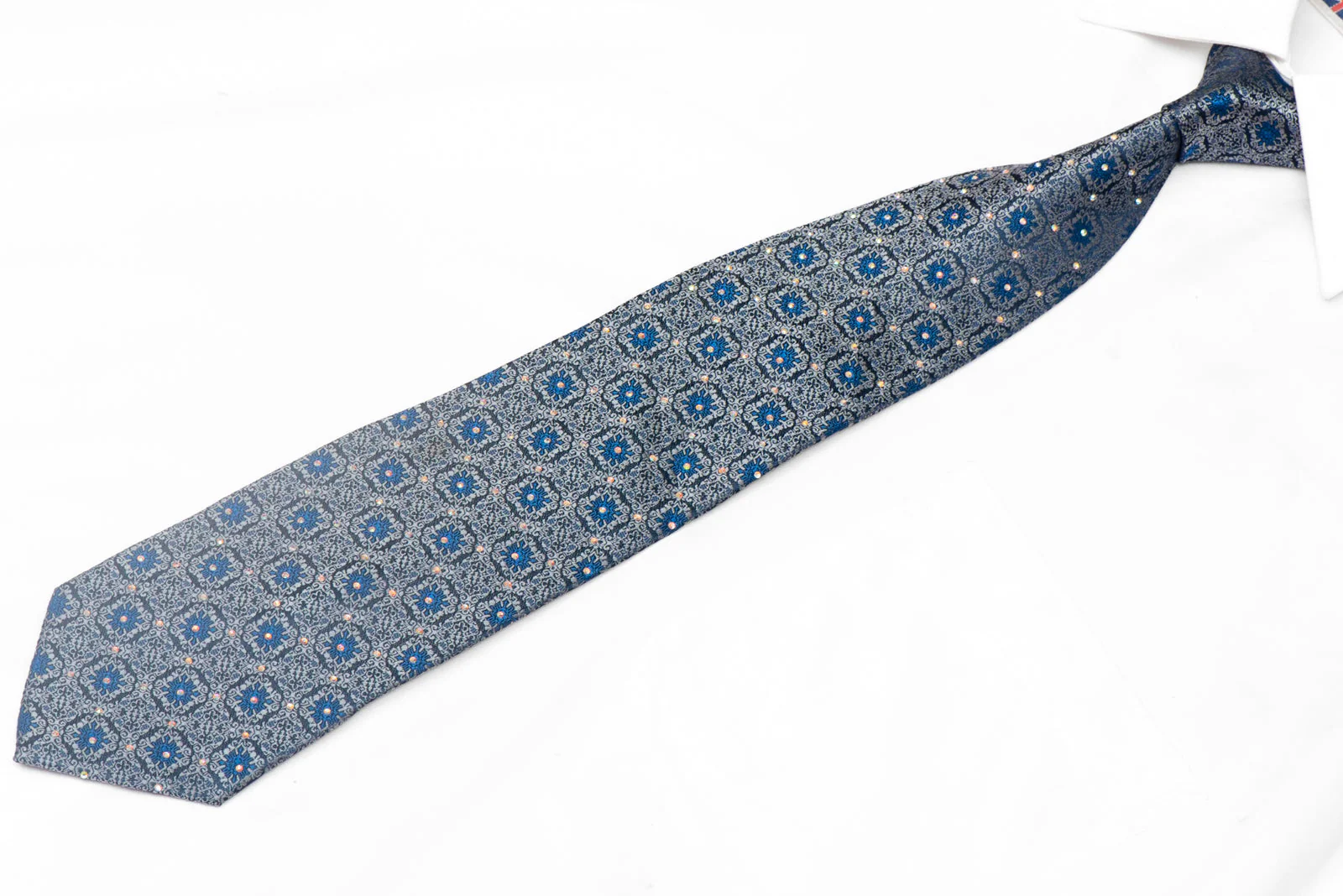Silver Cartouche On Navy Rhinestone Silk Necktie - Image 2