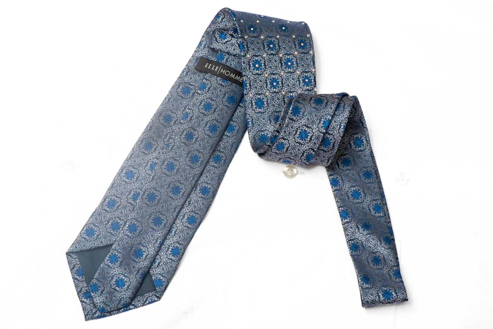 Silver Cartouche On Navy Rhinestone Silk Necktie - Image 3
