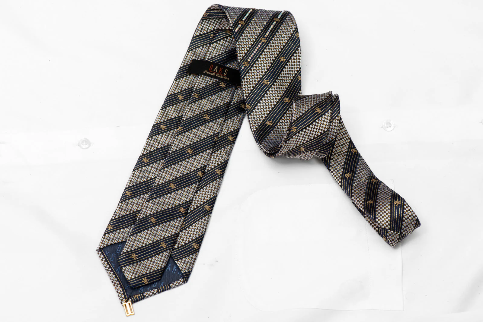 Silver Checkered & Blue Striped Rhinestone Silk Tie With Gold Sparkles - Image 3