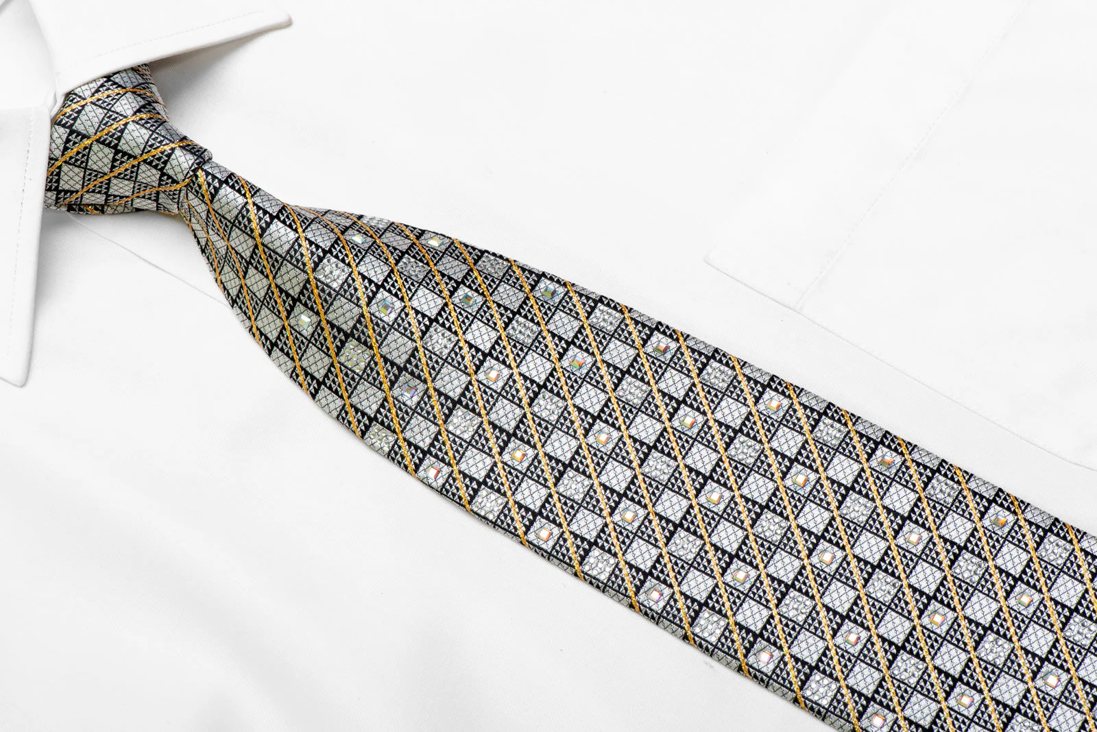 Silver Checkered On Black With Gold Stripes Rhinestone Silk Necktie - Image 2