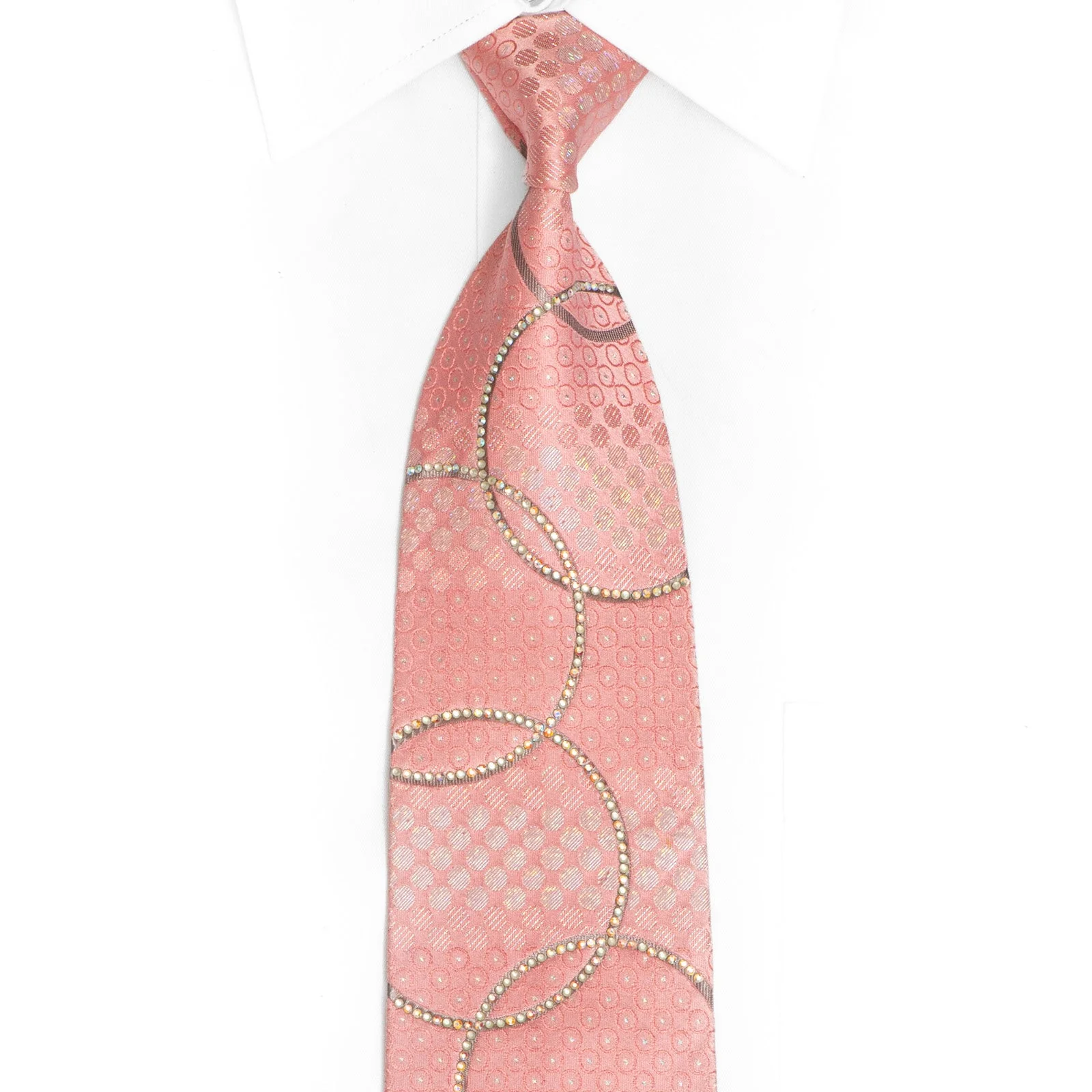 Silver Circles On Pink Rhinestone Silk Tie With Silver Sparkles