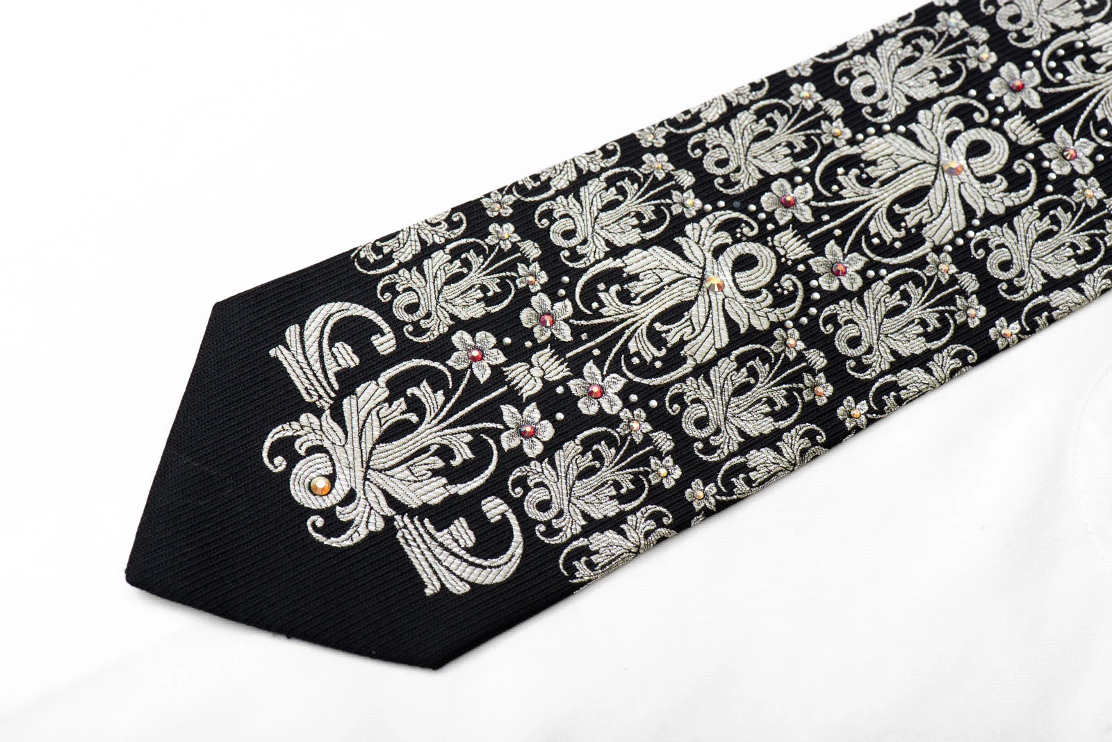 Silver Damask On Black Crystal Rhinestone Silk Tie With Sparkles - Image 4