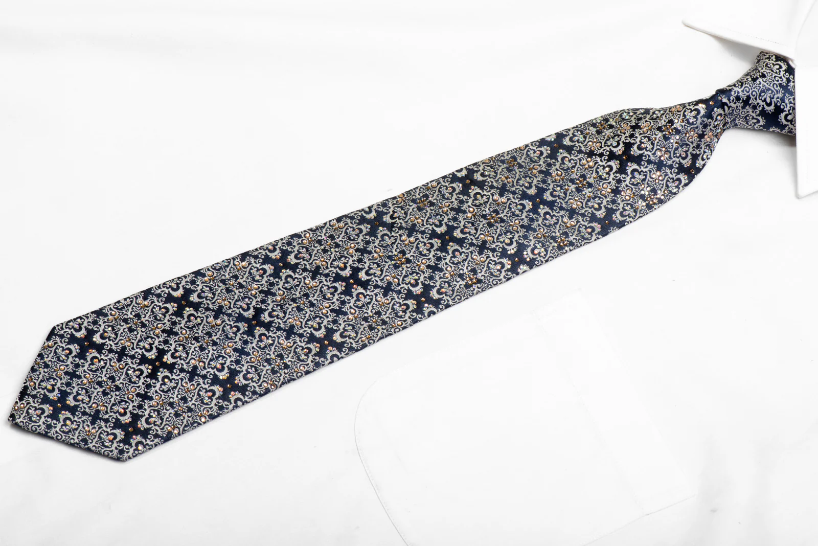 Silver Damask On Navy Rhinestone Silk Necktie - Image 3