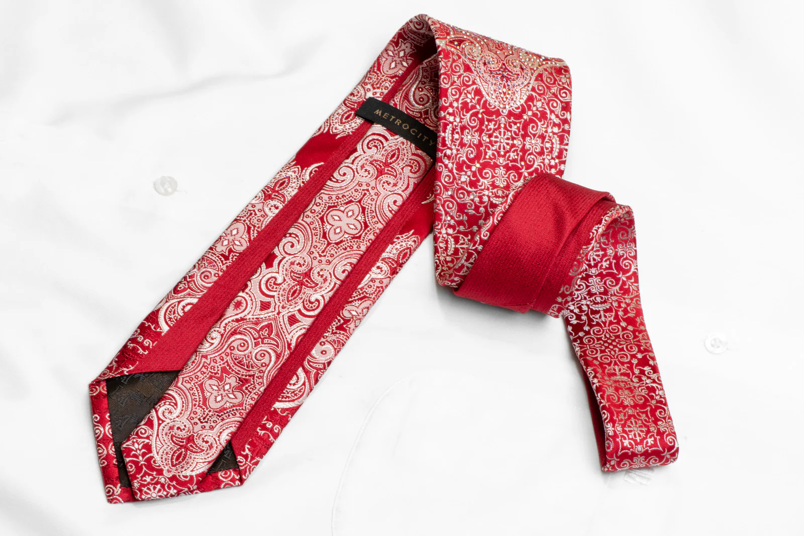 Silver Damask On Red Rhinestone Silk Necktie With Silver Sparkles - Image 4