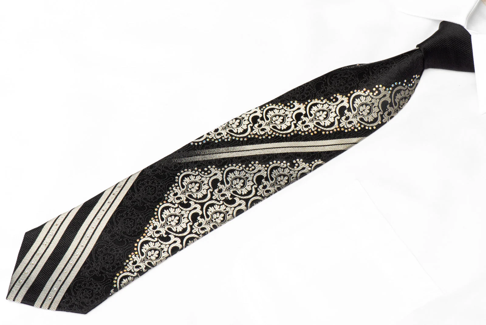 Silver Damask & Striped On Black Rhinestone Silk Necktie With Sparkles - Image 2