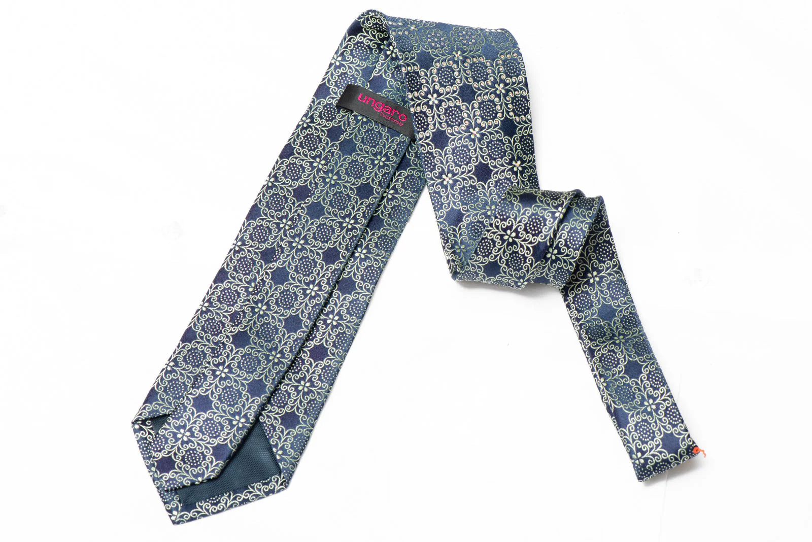 Silver Floral Cartouche On Dark Blue Rhinestone Silk Necktie With Silver Sparkles - Image 3