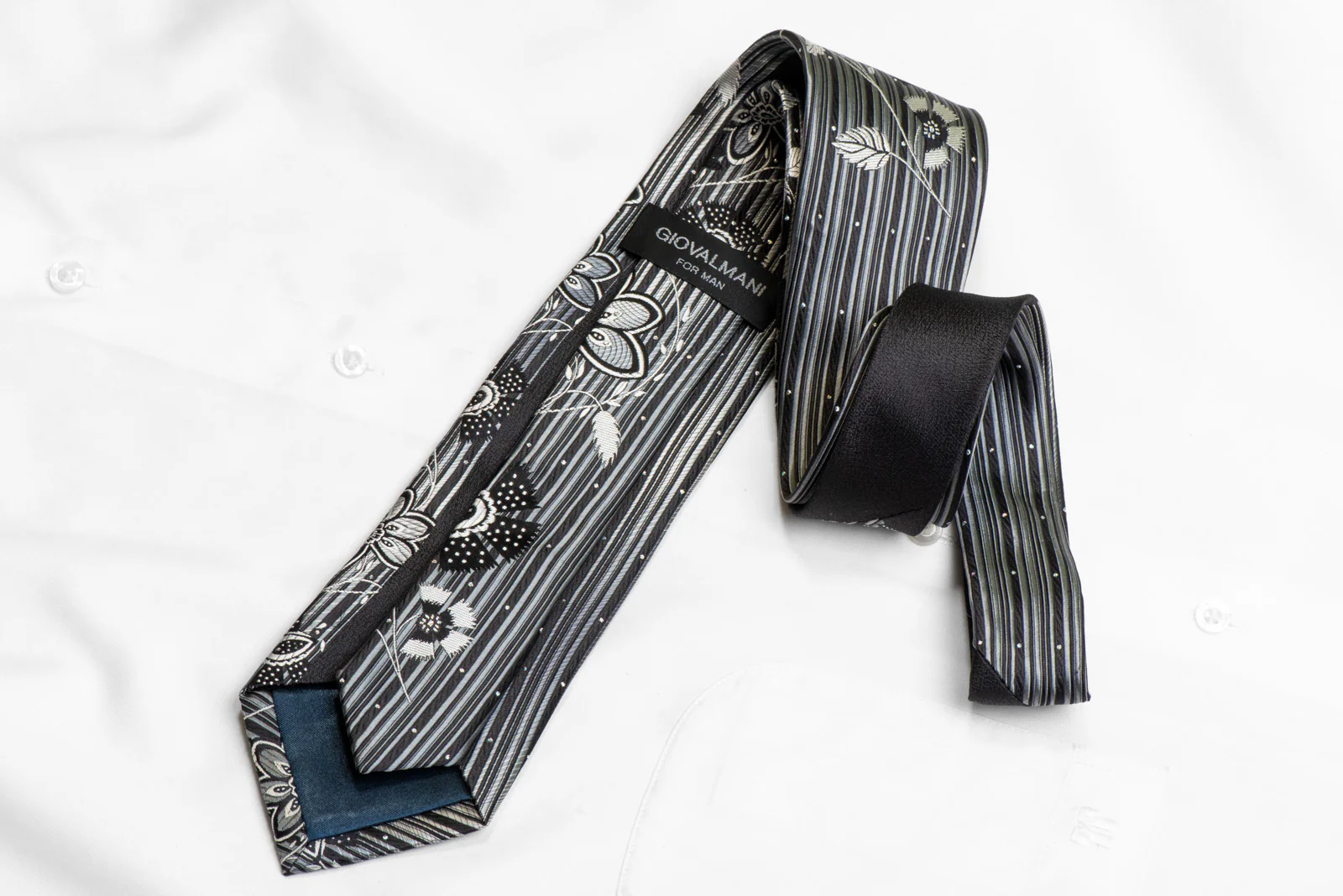 Silver Floral On Black Men's Silk Necktie With Silver Sparkles - Image 4