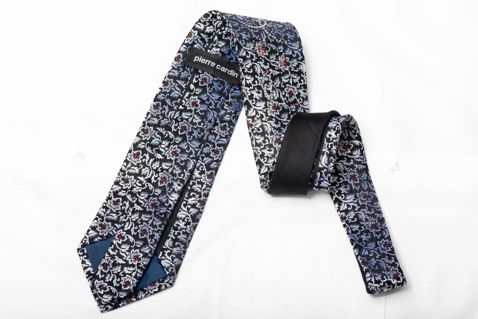 Silver Floral On Black Rhinestone Silk Tie With Red Sparkles - Image 3