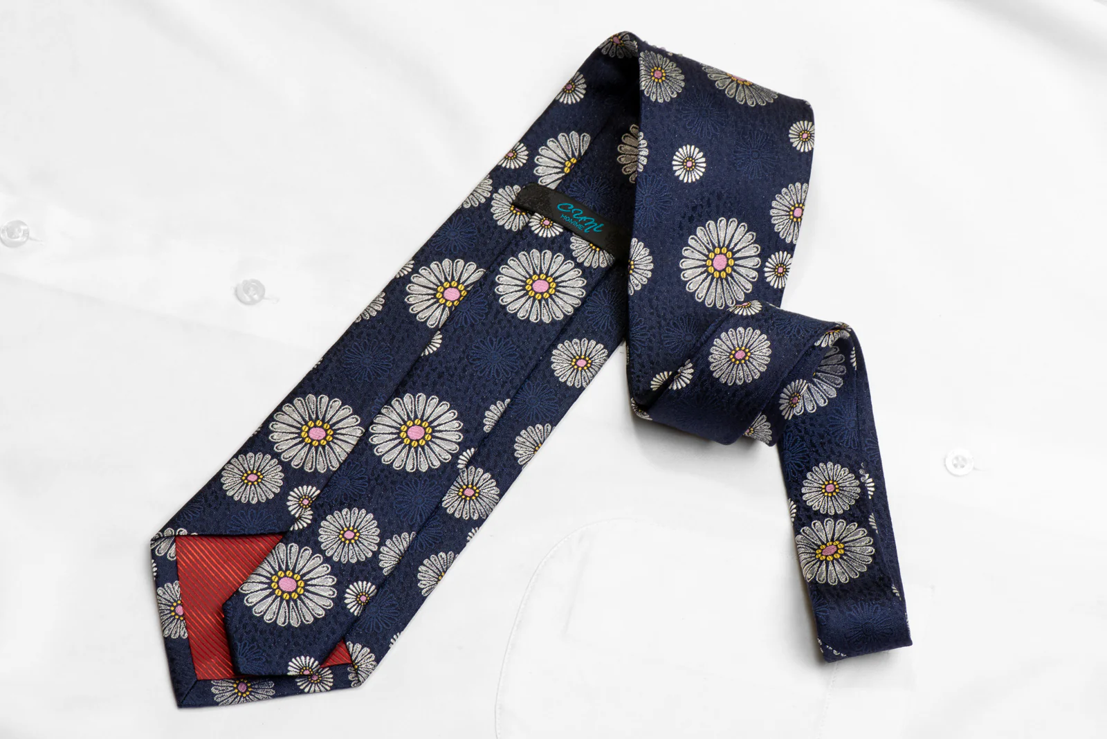 Silver Floral On Blue Rhinestone Silk Necktie - Image 4