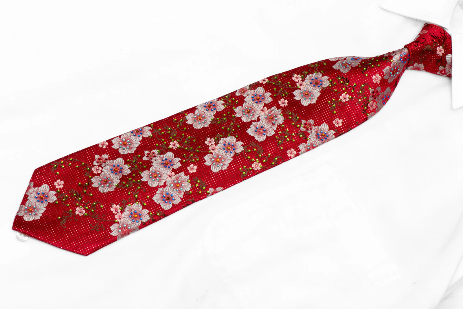 Silver Floral On Burgundy Red Rhinestone Silk Tie With Sparkles - Image 2