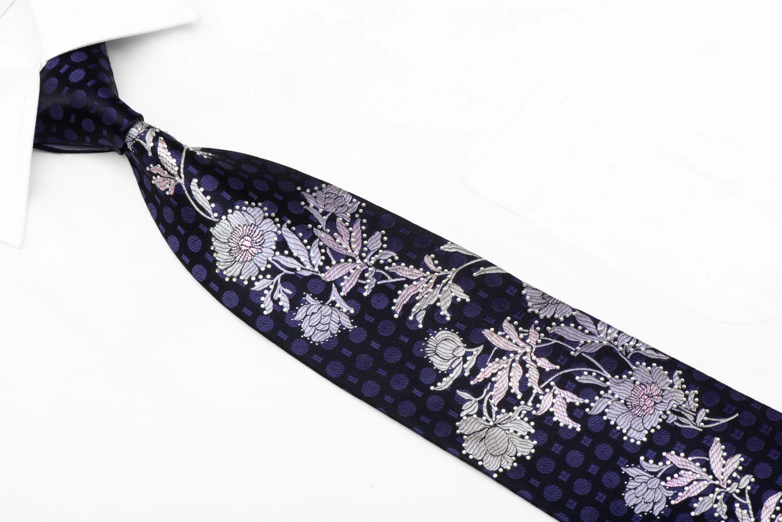 Silver Floral On Navy Blue Rhinestone Tie With Purple Sparkles - Image 2