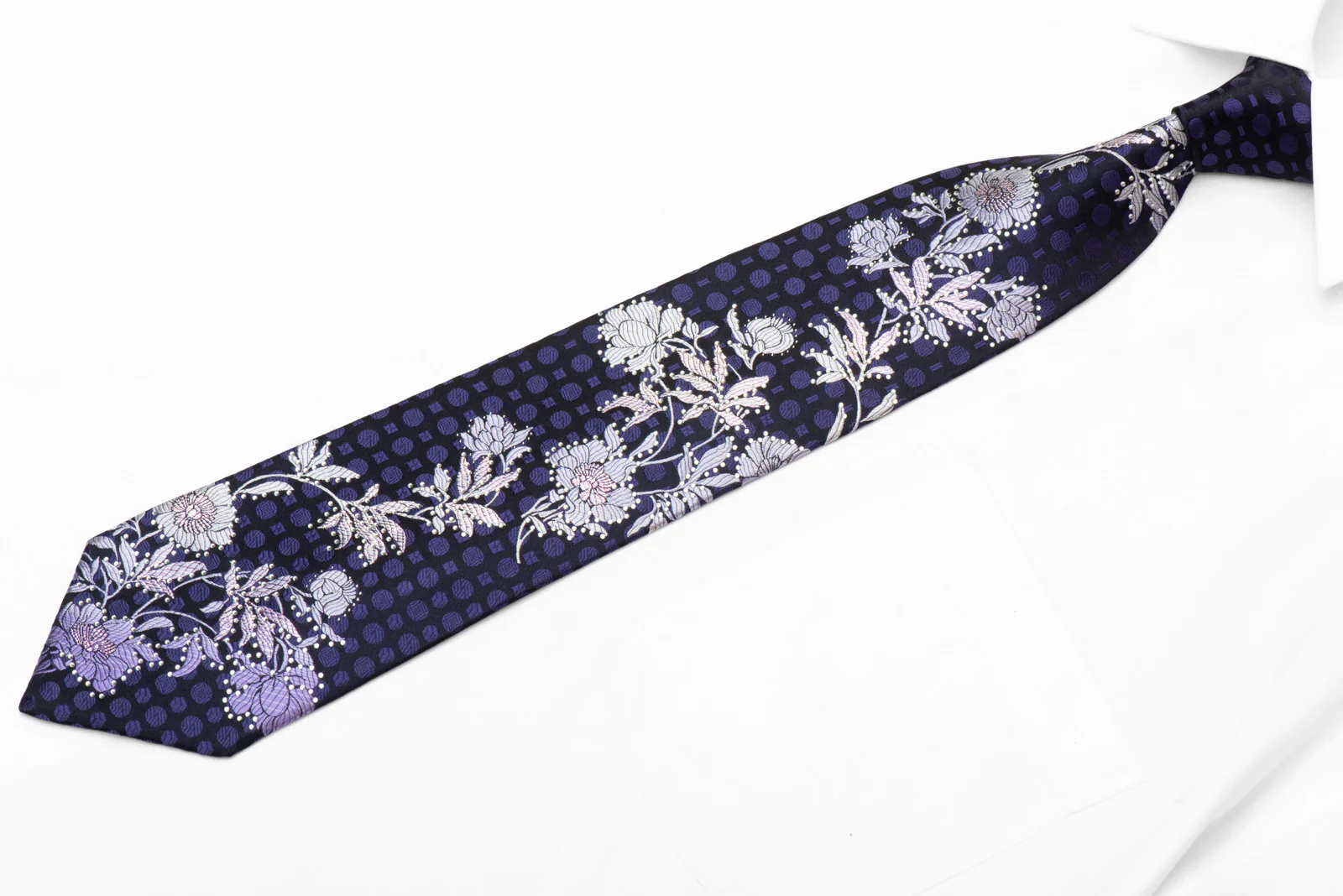 Silver Floral On Navy Blue Rhinestone Tie With Purple Sparkles - Image 3