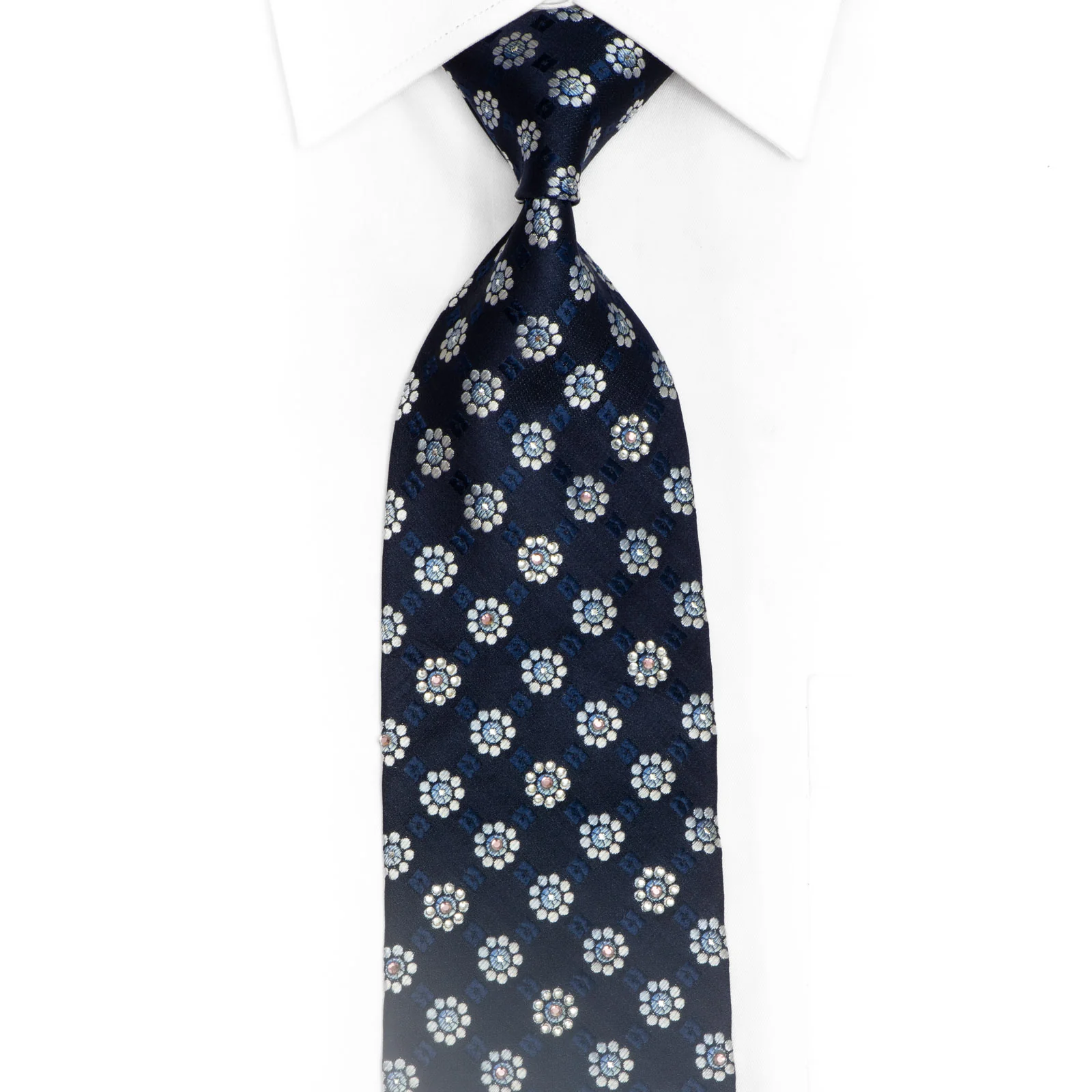 Silver Floral On Navy Rhinestone Silk Necktie With Silver Sparkles