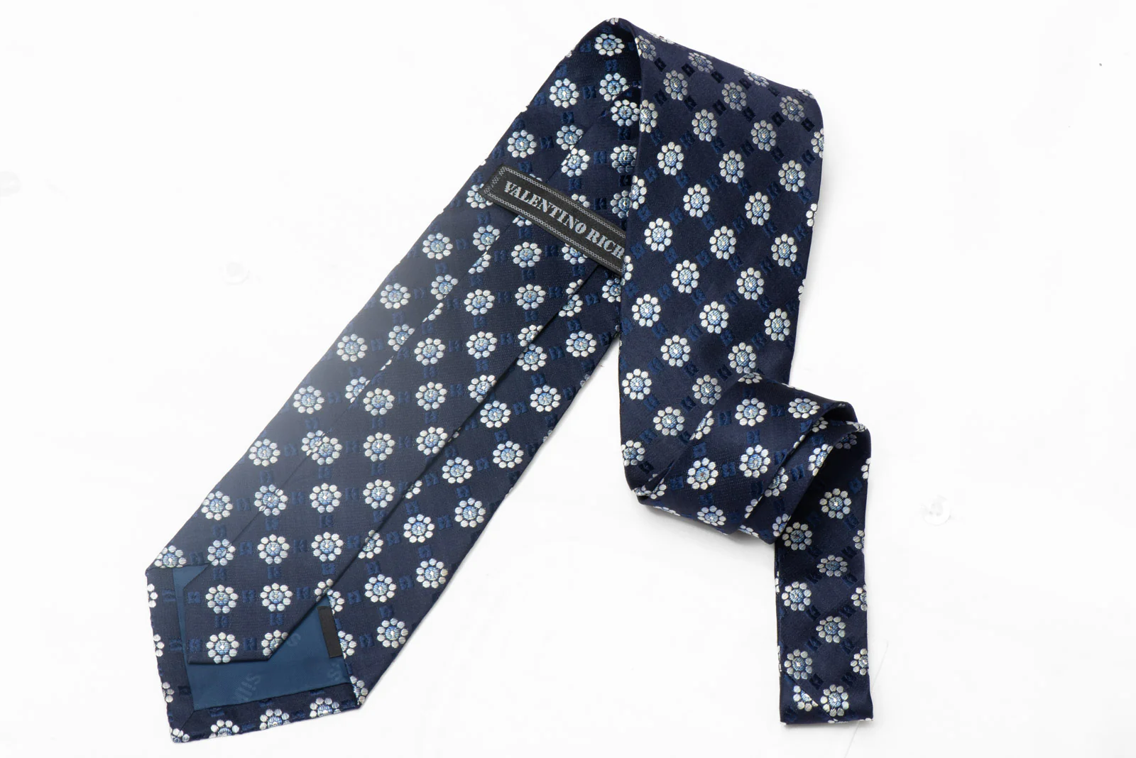Silver Floral On Navy Rhinestone Silk Necktie With Silver Sparkles - Image 3