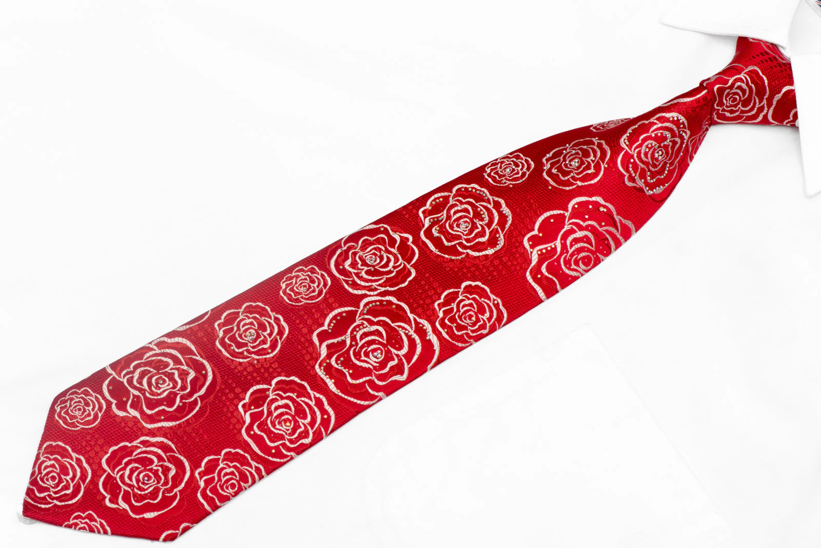 Silver Floral On Red Rhinestone Silk Tie With Silver Sparkles - Image 2