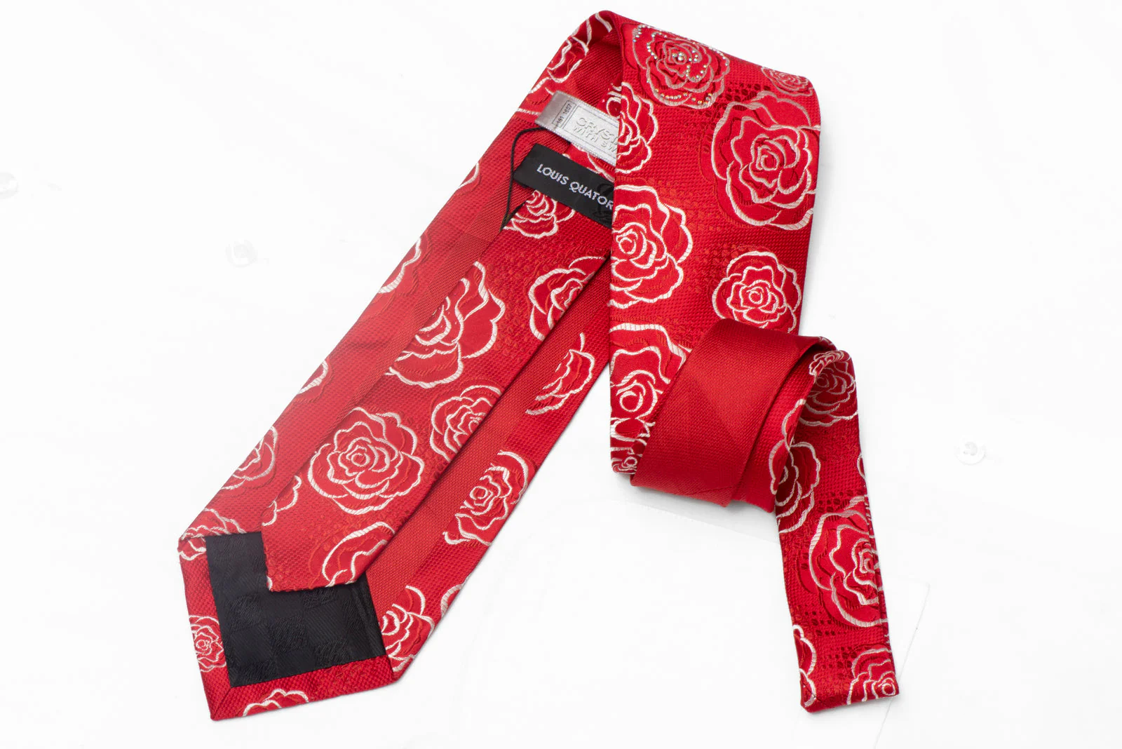 Silver Floral On Red Rhinestone Silk Tie With Silver Sparkles - Image 3