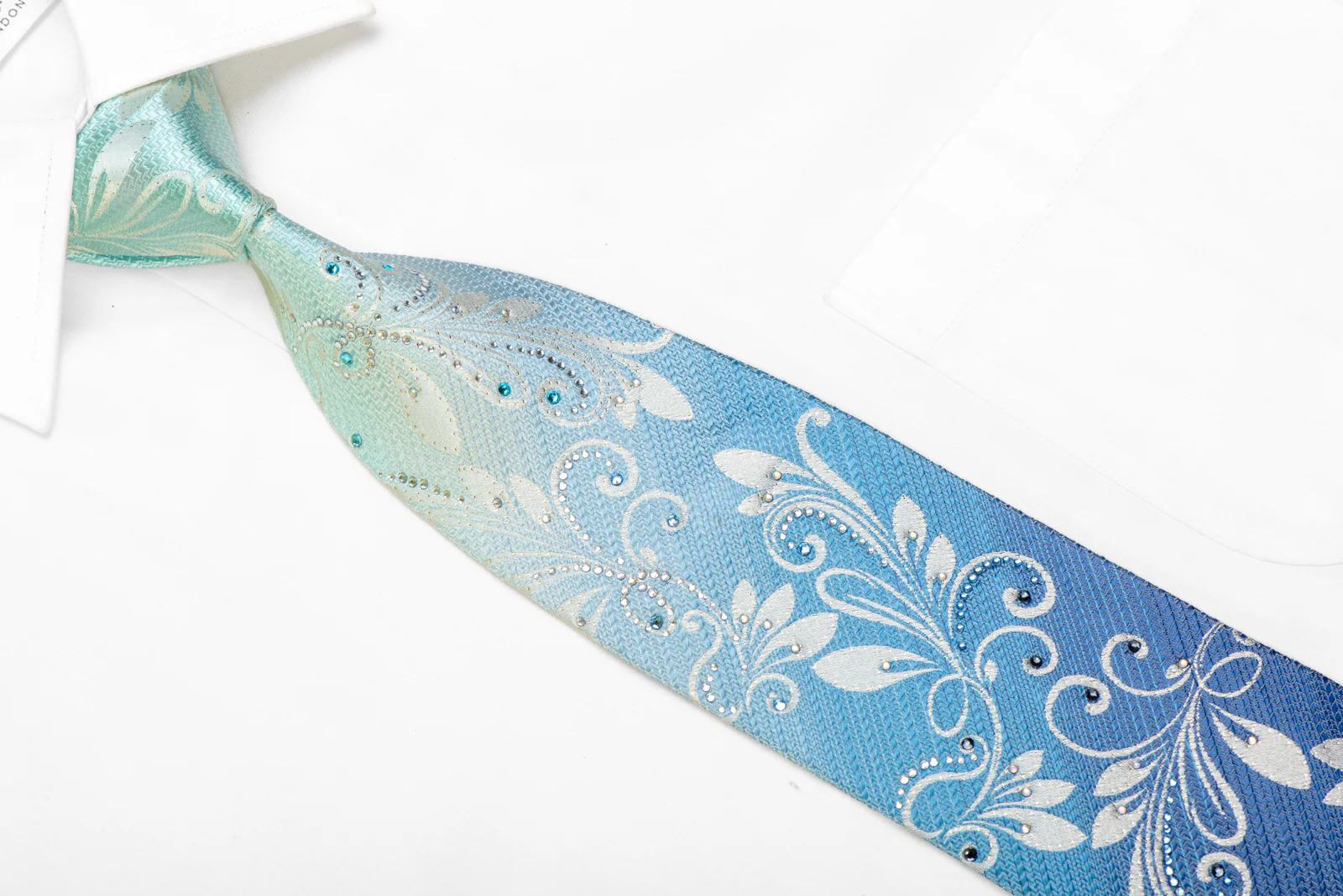 Silver Floral Scrolls On Blue Rhinestone Silk Necktie With Sparkles - Image 2