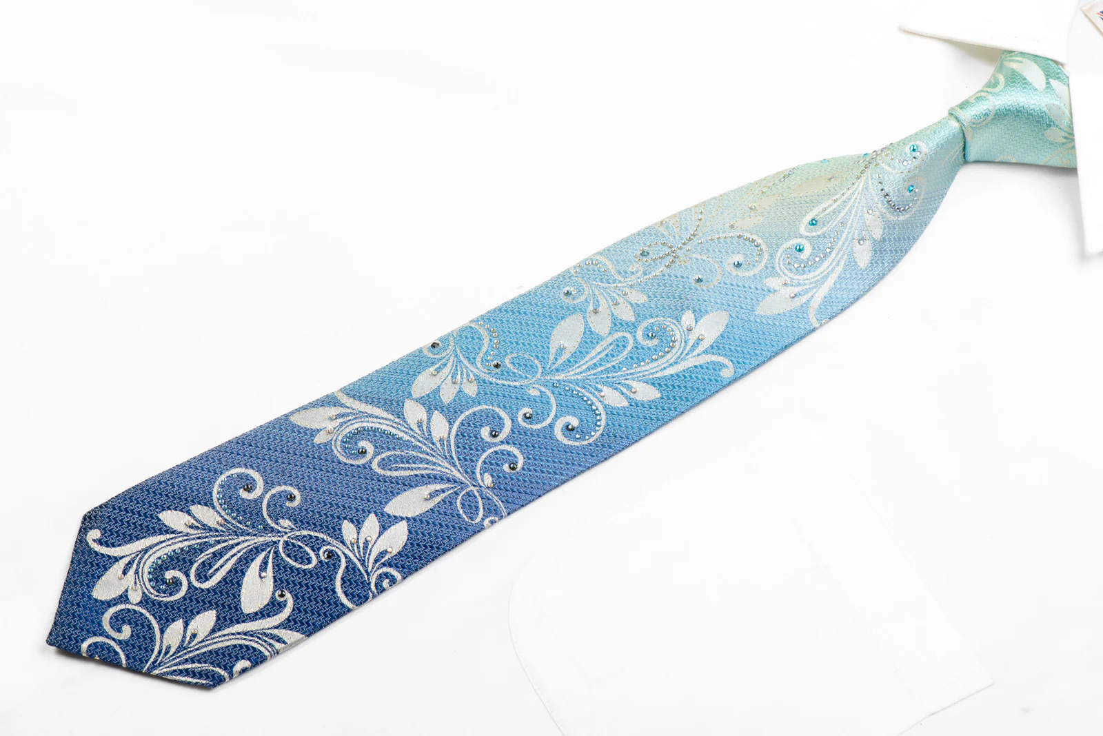 Silver Floral Scrolls On Blue Rhinestone Silk Necktie With Sparkles - Image 3