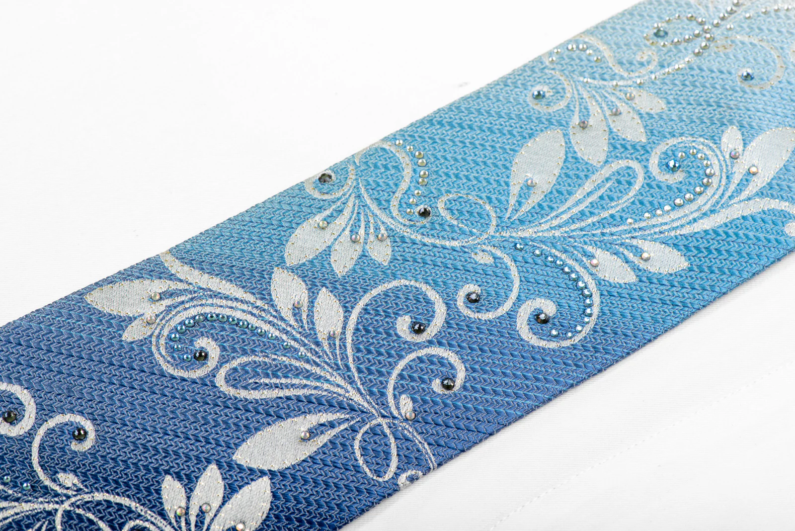 Silver Floral Scrolls On Blue Rhinestone Silk Necktie With Sparkles - Image 4