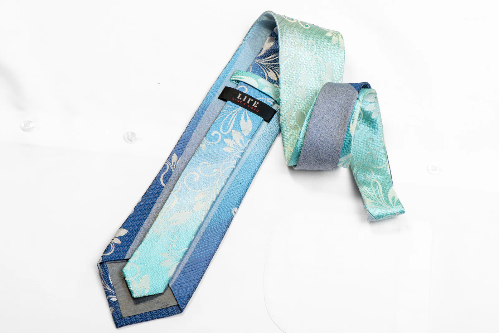 Silver Floral Scrolls On Blue Rhinestone Silk Necktie With Sparkles - Image 5