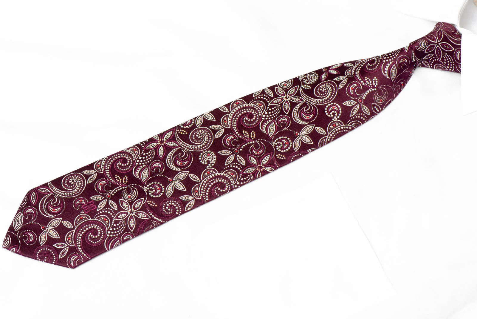 Silver Floral Scrolls On Maroon Rhinestone Silk Necktie With Silver Sparkles - Image 2