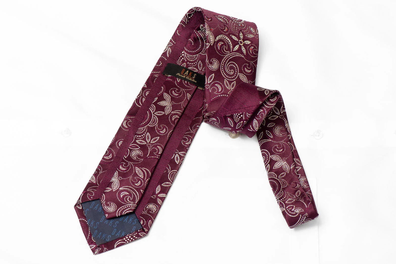 Silver Floral Scrolls On Maroon Rhinestone Silk Necktie With Silver Sparkles - Image 3