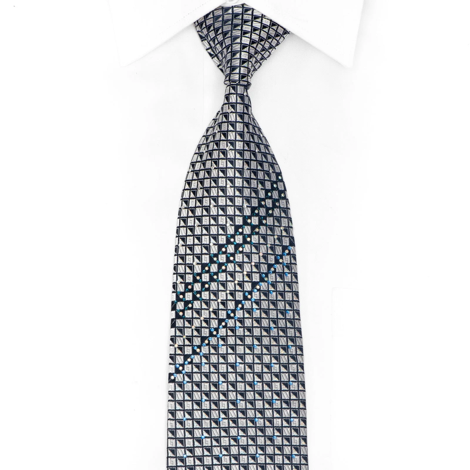 Silver Geometric Checkered On Navy Blue Rhinestone Necktie With Silver Sparkles