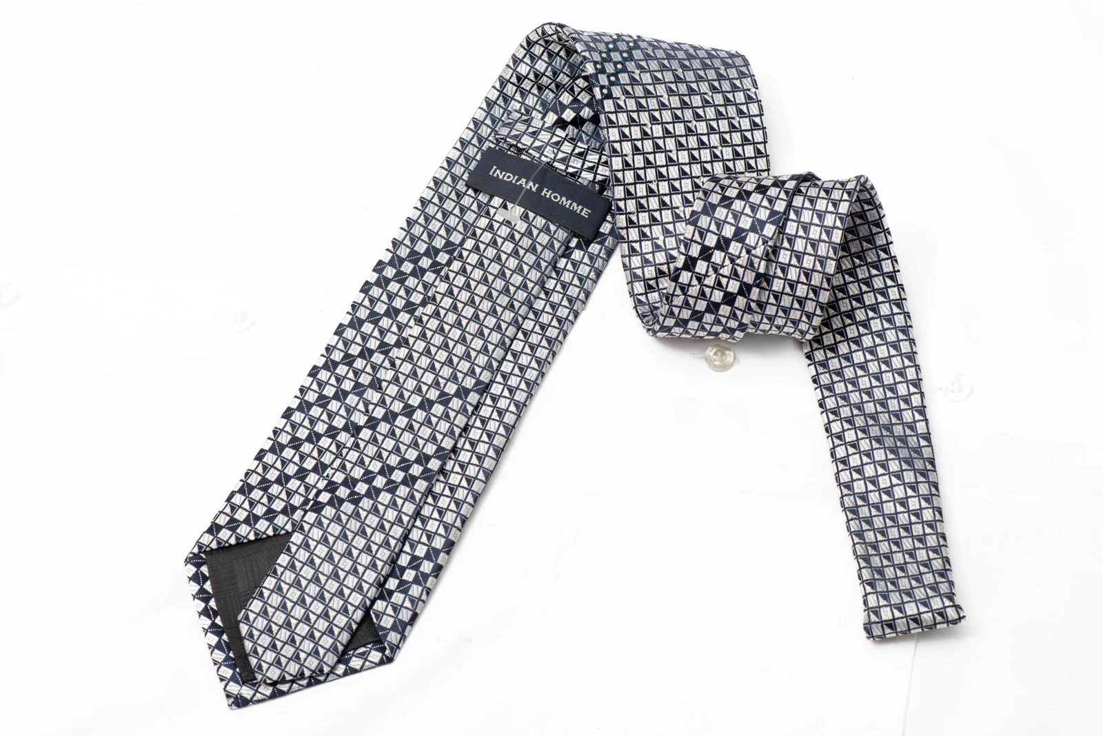 Silver Geometric Checkered On Navy Blue Rhinestone Necktie With Silver Sparkles - Image 3