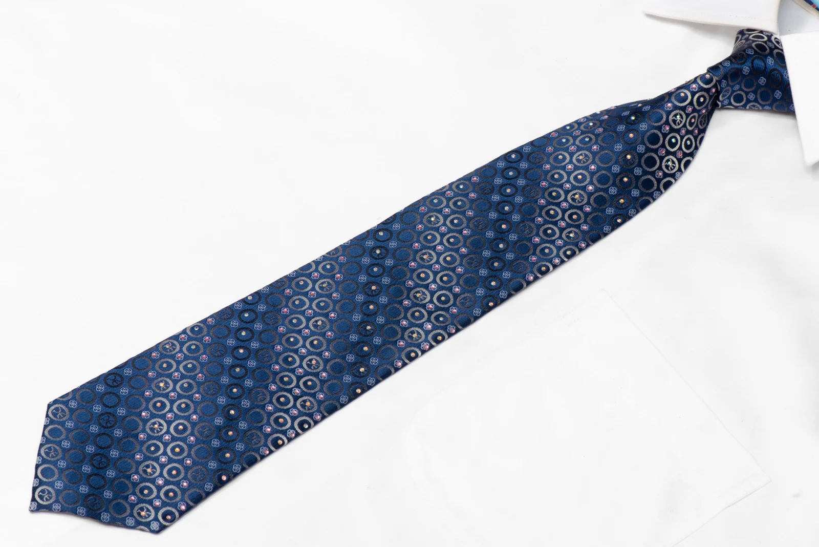 Silver Geometric Circles On Blue Rhinestone Silk Necktie - Image 2