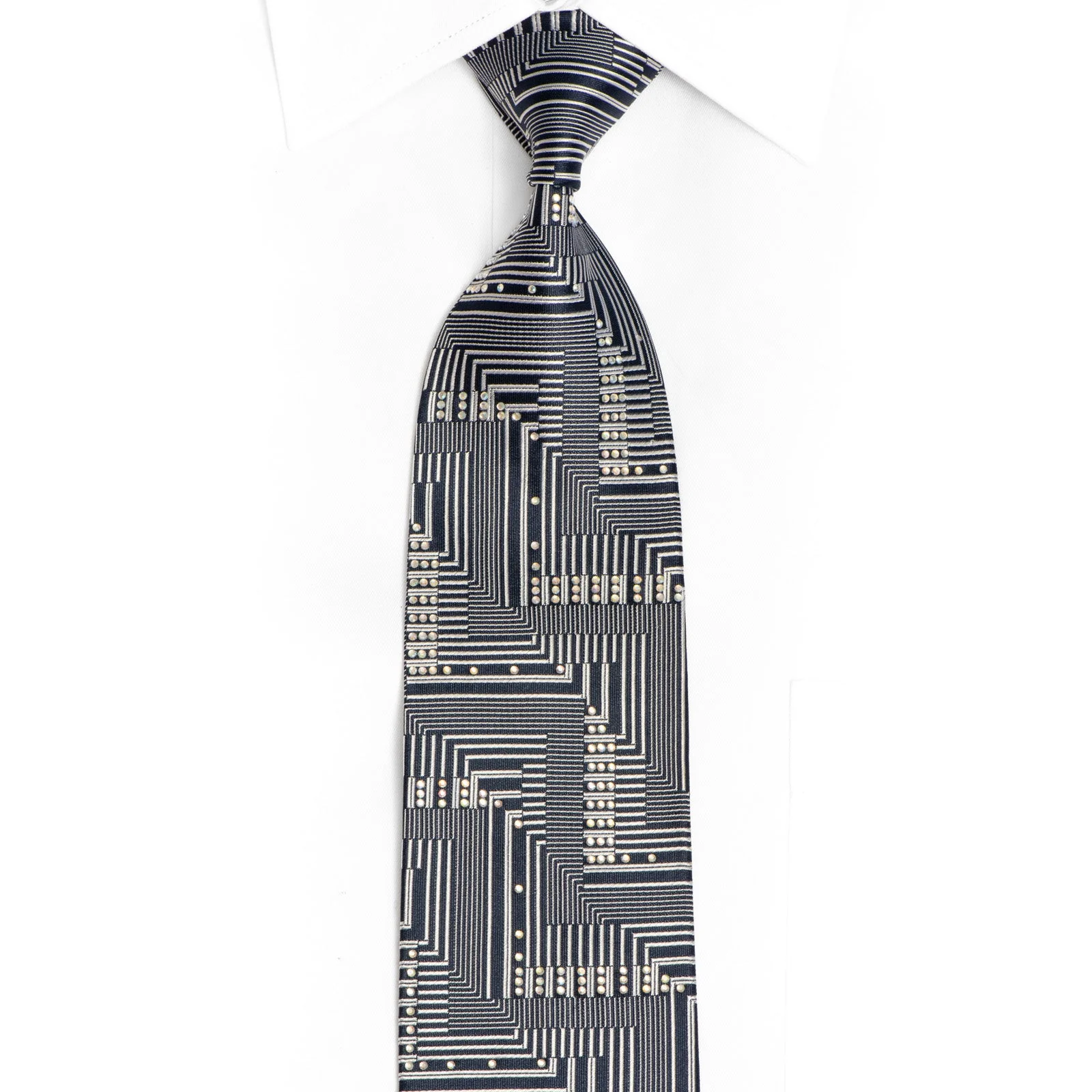 Silver Geometric Design On Navy Rhinestone Silk Tie