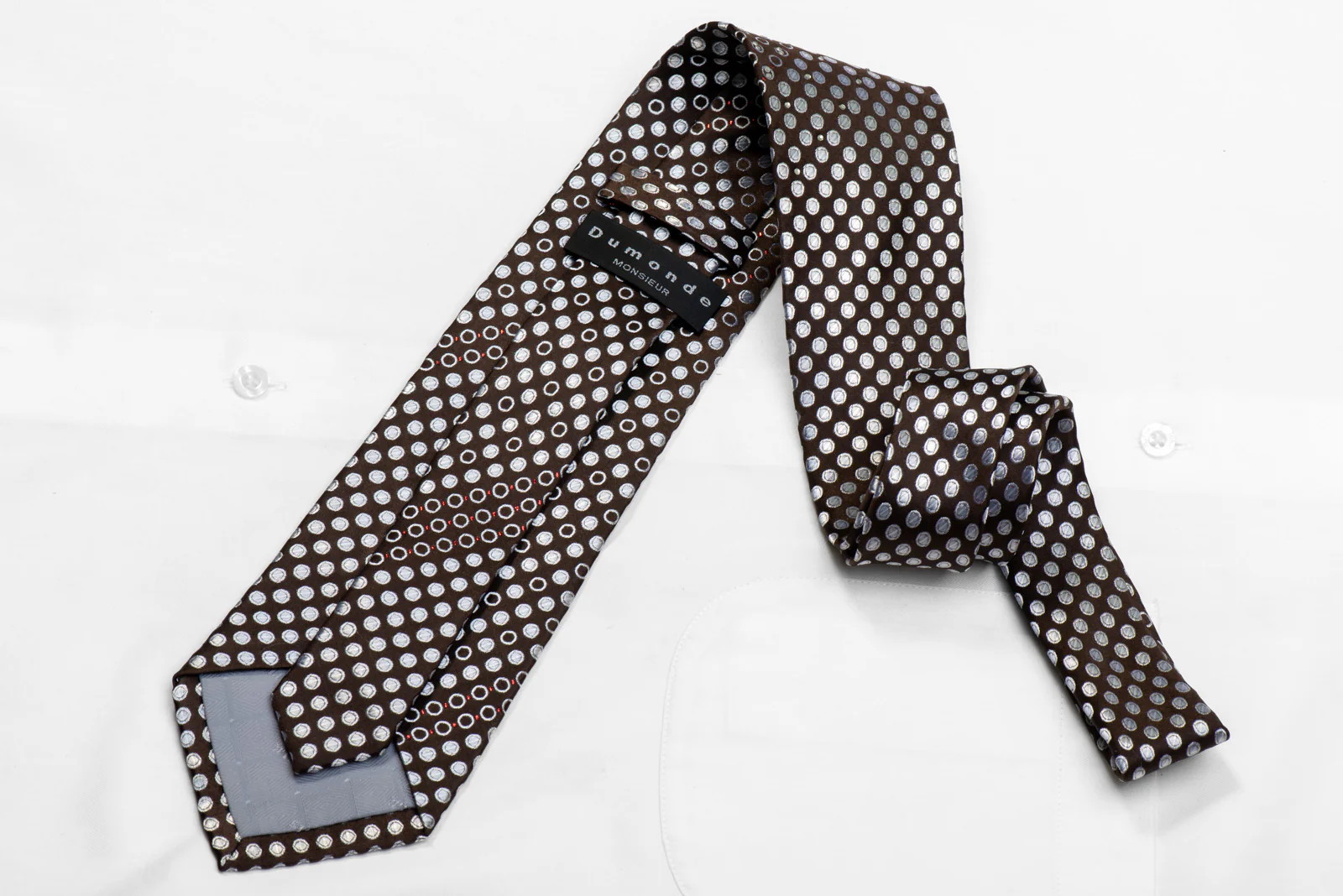 Silver Geometric Dots On Brown Rhinestone Silk Necktie - Image 4